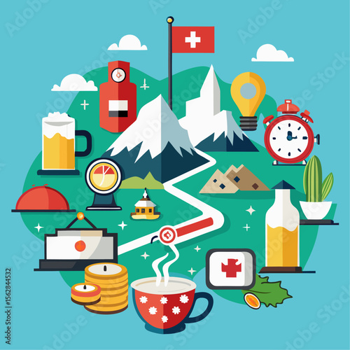 Vector map of switzerland featuring iconic swiss symbols and landmarks