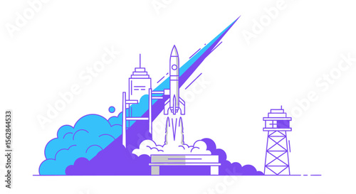 Rocket Launch Illustration: Stylized Spacecraft Ascending from Launchpad