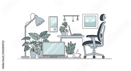 Serene Home Office Workspace with Plants and Laptop