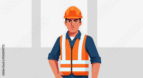 Serious Construction Worker in Safety Gear, Front View