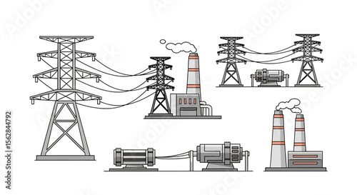 Simple Line Art Illustrations of Power Plants and Transmission Towers