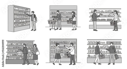 Six Scenes of People Shopping in a Grocery Store