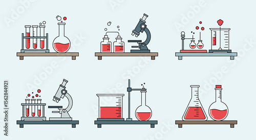 Six science lab setups with test tubes, flasks, beakers, and microscopes on shelves