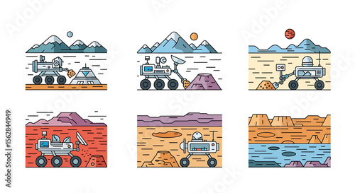 Six stylized Mars rovers exploring diverse planetary landscapes with minimalist design