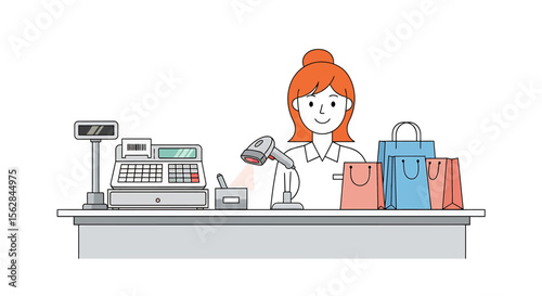 Smiling Cashier at Checkout Counter with Scanner and Shopping Bags