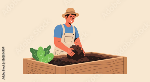 Smiling gardener with hat preparing soil in a raised wooden garden bed