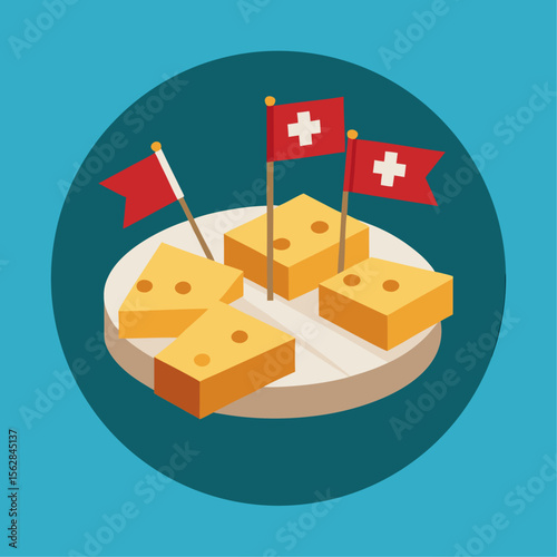 Gourmet cheese platter featuring a variety of cheeses and swiss flag toothpicks for a festive occasion