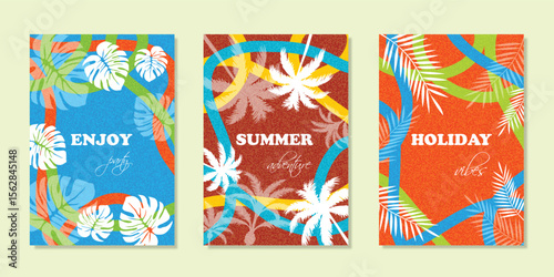 Summer bright and vibrant cards set. Modern abstract art design with wavy lines, tropical plants, palms and leaves silhouettes isolated on grainy background with place for text. Summer sale or poster.