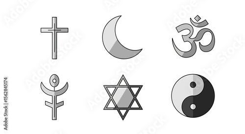 Stylized Religious Symbols: Christian Cross, Crescent Moon, Om, and More