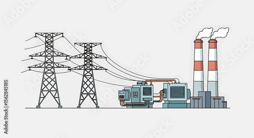 Stylized Power Plant Illustration with Towers, Machinery, and Striped Chimneys