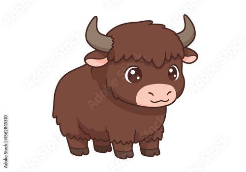 A cartoon yak brown with pale pink details poses on a white backdrop