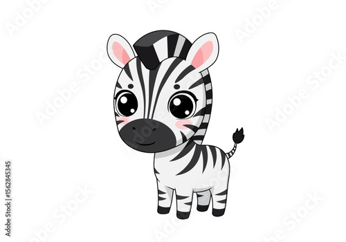 A cartoon zebra with large eyes and stripes stands on a white background
