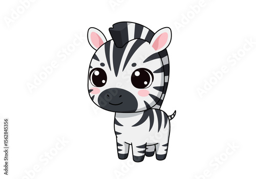 A cartoon zebra stands with large eyes pink cheeks and black and white stripes