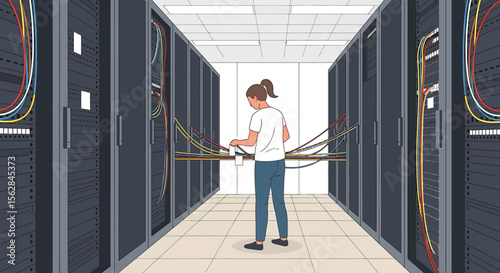 Technician Inspecting Server Racks with Colorful Cables in Data Center