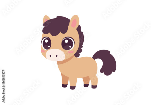 A cartoonish brown horse with big eyes and a dark brown mane and tail isolated on a white background