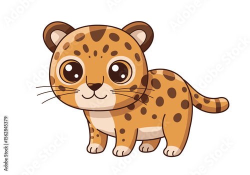 A cartoonish lightbrown jaguar cub stands with big glossy eyes and dark spots on its body and face