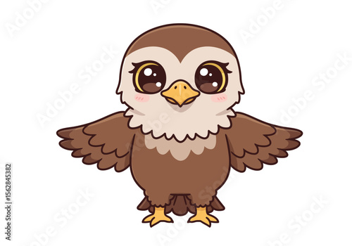 A cartoonish owl with large eyes  open wings rendered in brown hues with a lightcolored face  a yellow beak