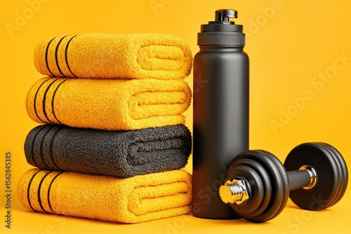 Stacked yellow and black towels, a black water bottle, and a dumbbell on a bright yellow background