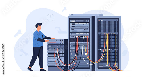Technician managing server racks with colorful cables and clock illustration.