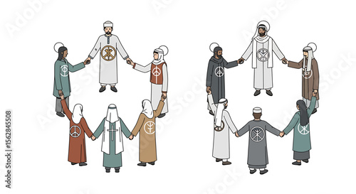 Two circles of diverse people holding hands, each wearing religious symbols