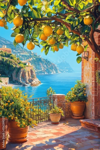 Sunny Mediterranean balcony with lemon trees