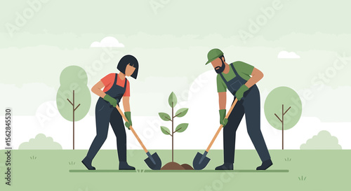 Two People Planting a Sapling Together in a Green Environment.