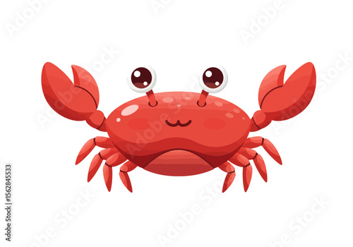 A cheerful cartoonstyle red crab with big eyes and claws raised