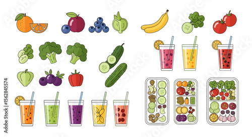 Vibrant Fruit and Vegetable Smoothie Collection with Prep Containers
