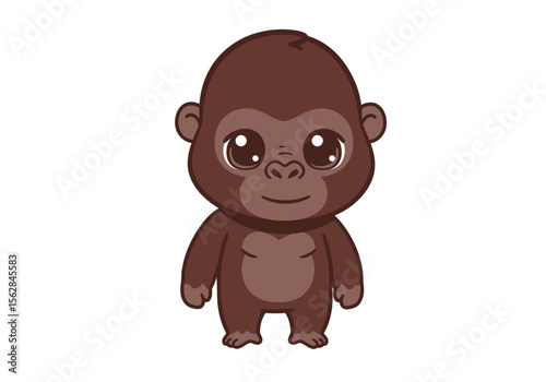 A cute brown cartoon gorilla stands with big eyes and a simple smile