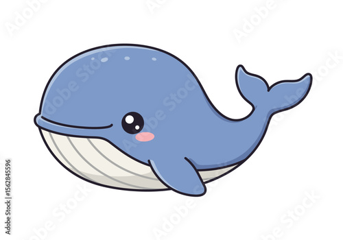 A cute blue whale cartoon with black outlines an eye pink cheek light underside