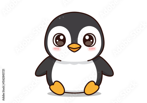 A cute cartoon penguin sits upright featuring big eyes and rosy cheeks