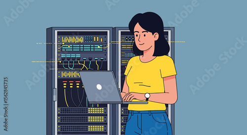 Woman in Yellow Shirt Working on Laptop Near Server Racks