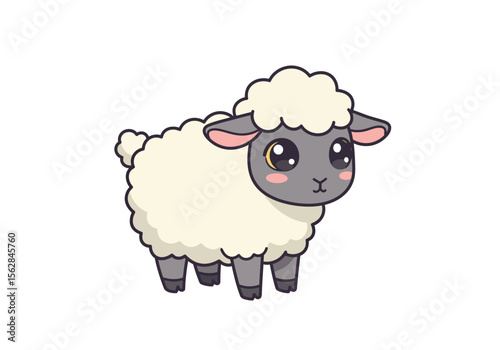 A cute cartoon sheep with large eyes and fluffy white wool stands on a white background