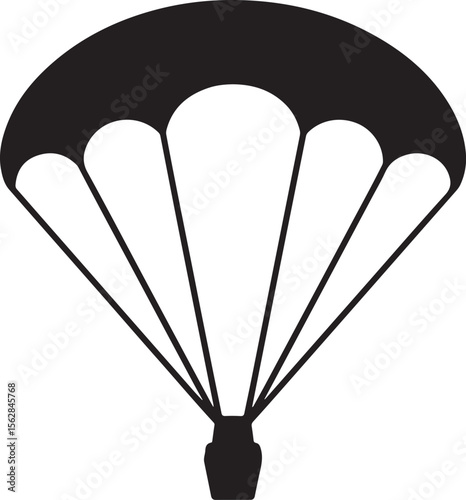 Black silhouette of a parachute canopy with suspension lines and harness