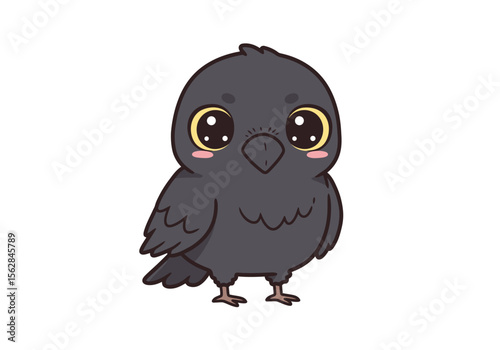 A cute cartoonstyle black crow with big yellow eyes and pink cheeks stands against a white background