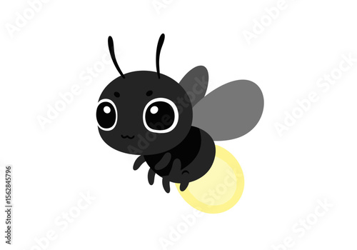 A cute cartoonish firefly with big eyes simple wings and a glowing tail