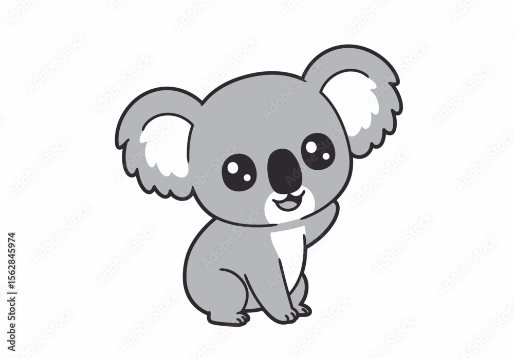 A gray cartoon koala sits waving with cute eyes and black nose A gray cartoon koala sits waving with cute eyes and black nose