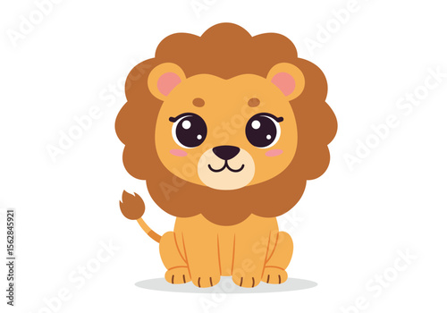 A cute lion cub with a mane sitting upright and facing forward