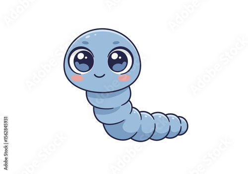 A cute lightblue worm with big kawaii eyes pink cheeks and a sweet smile