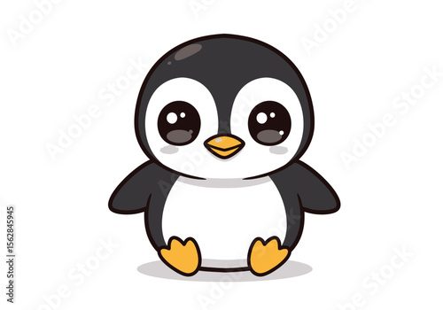 A cute penguin sits featuring big eyes and a yellow beak and feet