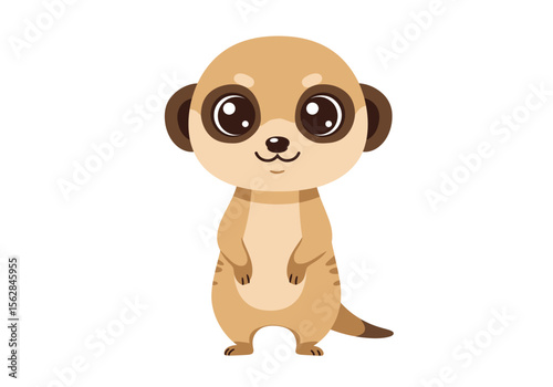 A cute meerkat with big eyes and a small smile stands on its hind legs