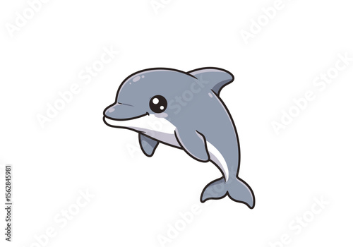 A gray cartoon dolphin is shown from the side with black outlines and a white belly