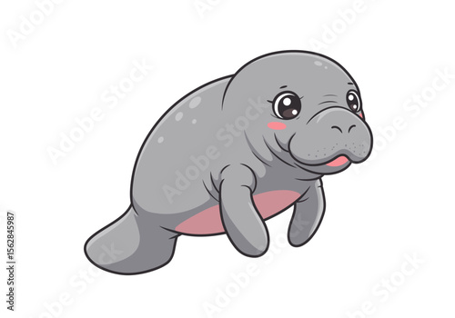 A gray cartoon manatee with big eyes pink cheeks  a small mouth It has two flippers  a tail