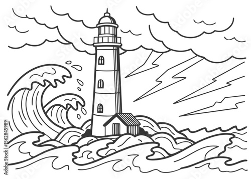 Lighthouse on a rocky shore with stormy weather and large waves illustration