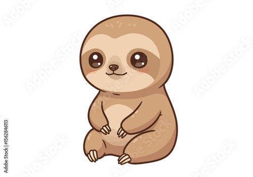 A light brown cartoon sloth is sitting up looking forward