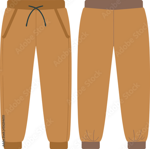 Brown jogger pants front and back view, drawstring waist with zip pockets, casual stylish comfortable fashion activewear apparel clothing template design