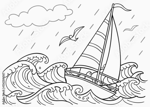 Coloring Page of a Sailboat Navigating Rough Seas During a Rainstorm with Seagulls Flying