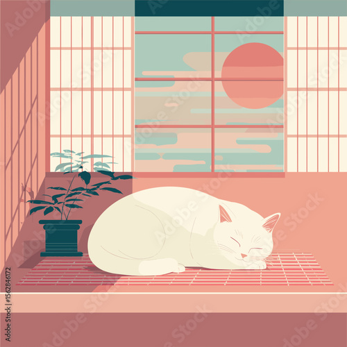 Minimalist illustration of white cat sleeping peacefully in Japanese-style room with sunset view
