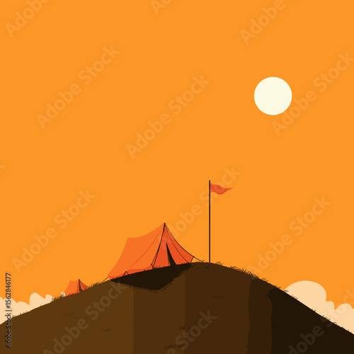 Minimal vector illustration of a tent on a hilltop at sunrise with orange sky and adventure flag