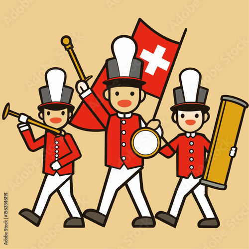 Dynamic marching band performance featuring swiss musical instruments and traditional attire